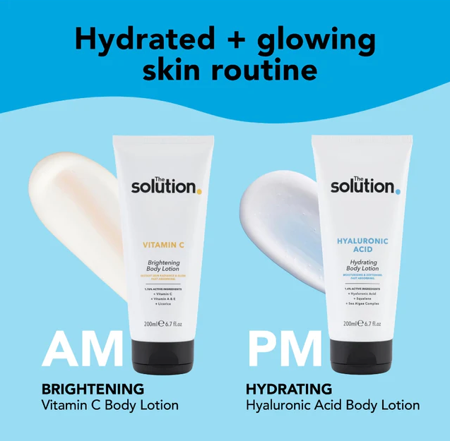 Two bottles of 'The Solution' body lotions labeled 'AM' and 'PM' on a blue background.