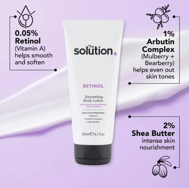 Tube of 'The Solution' Retinol Smoothing Body Lotion on a purple background with product features displayed.