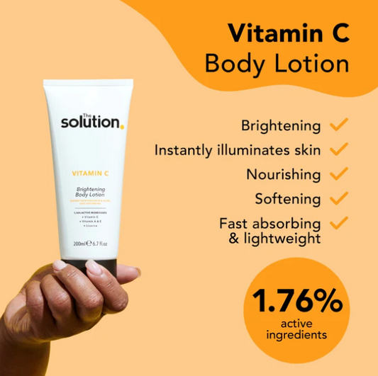 Vitamin C body lotion with product and benefits on an orange background
