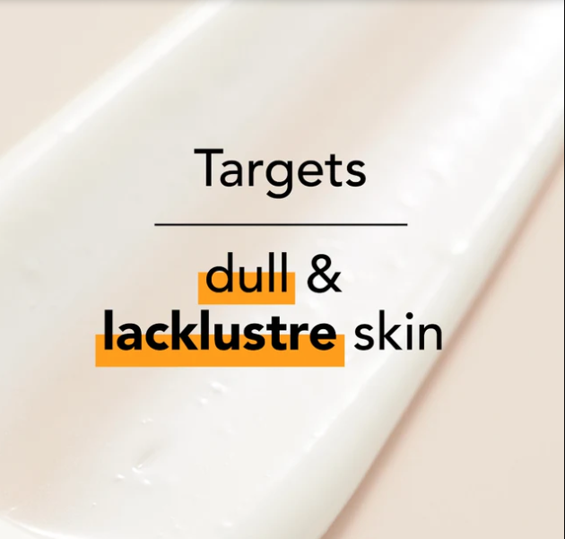 Product packaging with text 'Targets dull & lacklustre skin' on a white background