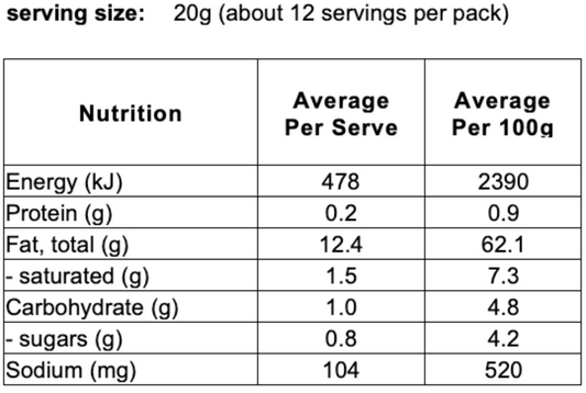 Nutritional information table for ceres organics vegan mayo product with serving size and per 100g breakdown.