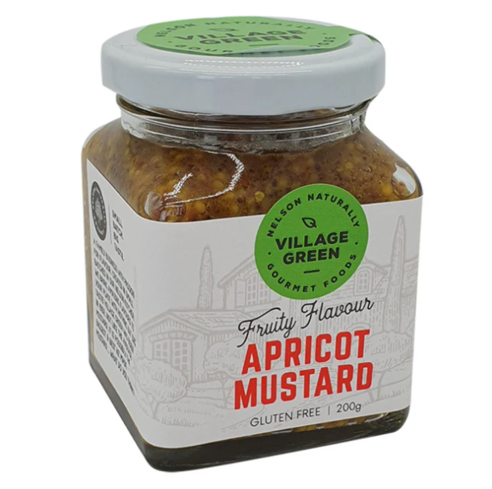 Jar of apricot mustard with 'Village Green' label on a white background