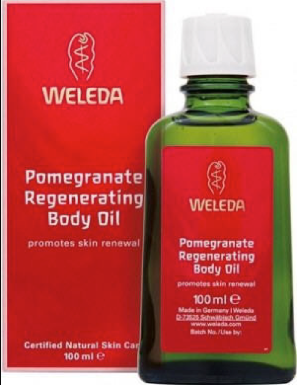 Weleda Pomegranate Regenerating Body Oil with red box in the background