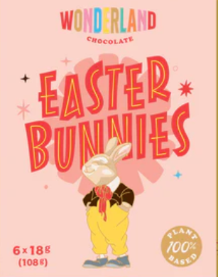 Wonderland Vegan Chocolate Easter Bunnies packaging with a vintage design on a pink background