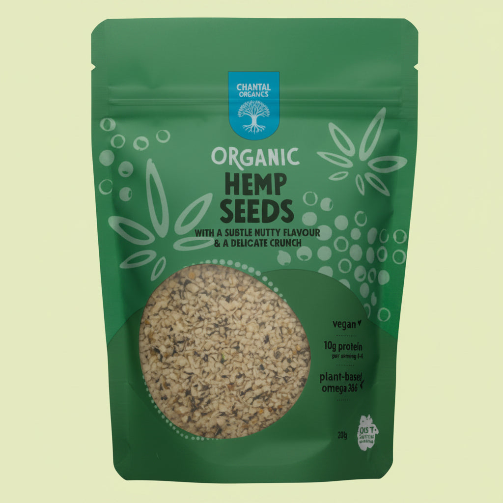 A package of Chantal Organic Hemp Seeds, 200gm, with a transparent window showing the seeds inside.