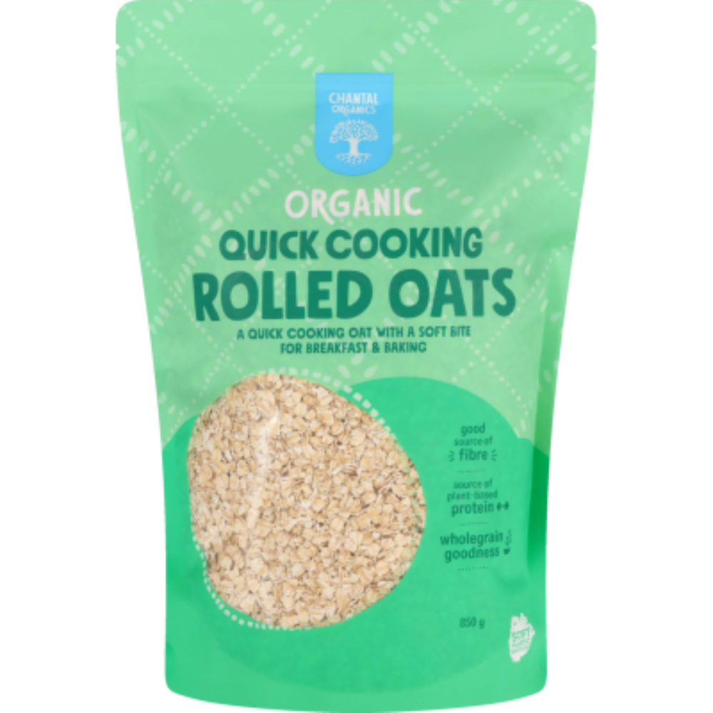 Packaging of Chantal Quick Cooking Rolled Oats, showing the product and brand name, with a green background.
