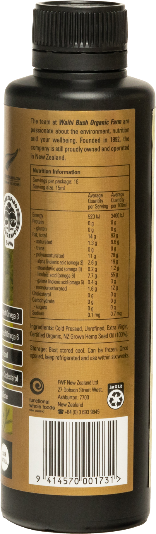 Waihi Bush Organic Hemp Seed Oil 250ml