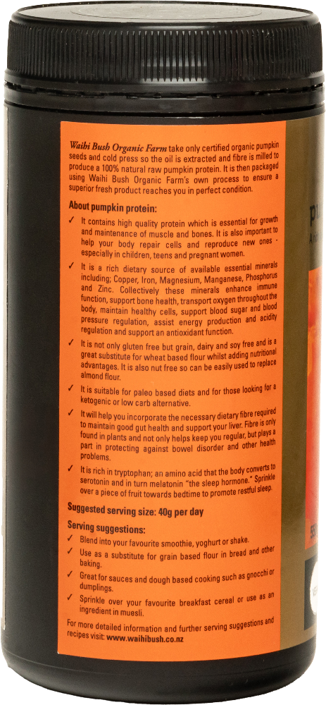 Container with black lid and orange label containing text