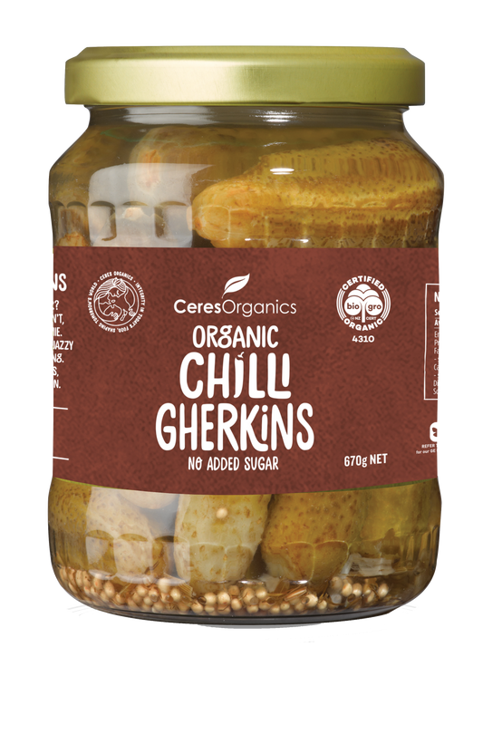 Ceres Organics Gherkins Spicy Chilli Whole No Added Sugar 670g