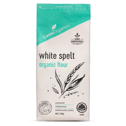 Packaging of Ceres Organics White Spelt Flour, showing the product name and branding, against a white background.