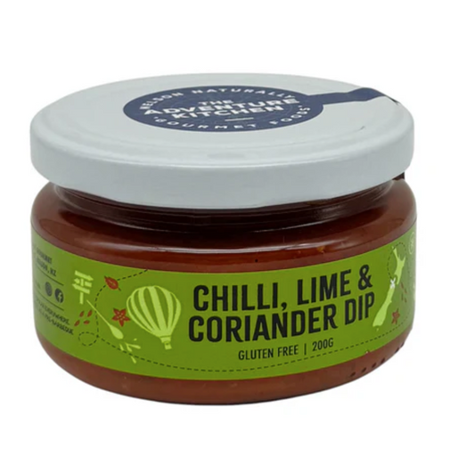 Jar of Chilli, Lime & Coriander Dip with a green label on a white background