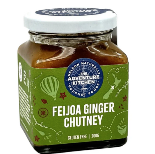 Jar of Feijoa Ginger Chutney from The Adventure Kitchen on a white background