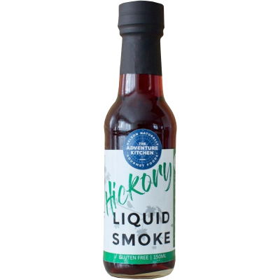 A bottle of vegan Hickory Liquid Smoke by BB Adventure Kitchen.