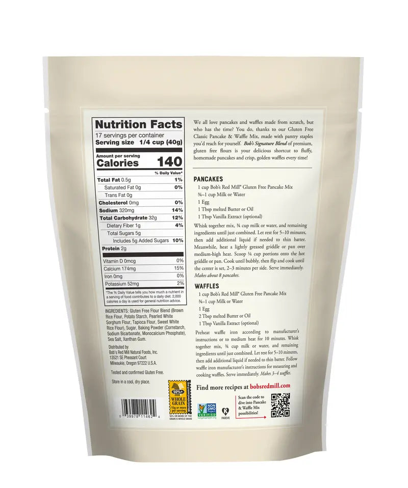 Bob's Red Mill Gluten Free Classic Pancake & Waffle Mix Nutritional info
