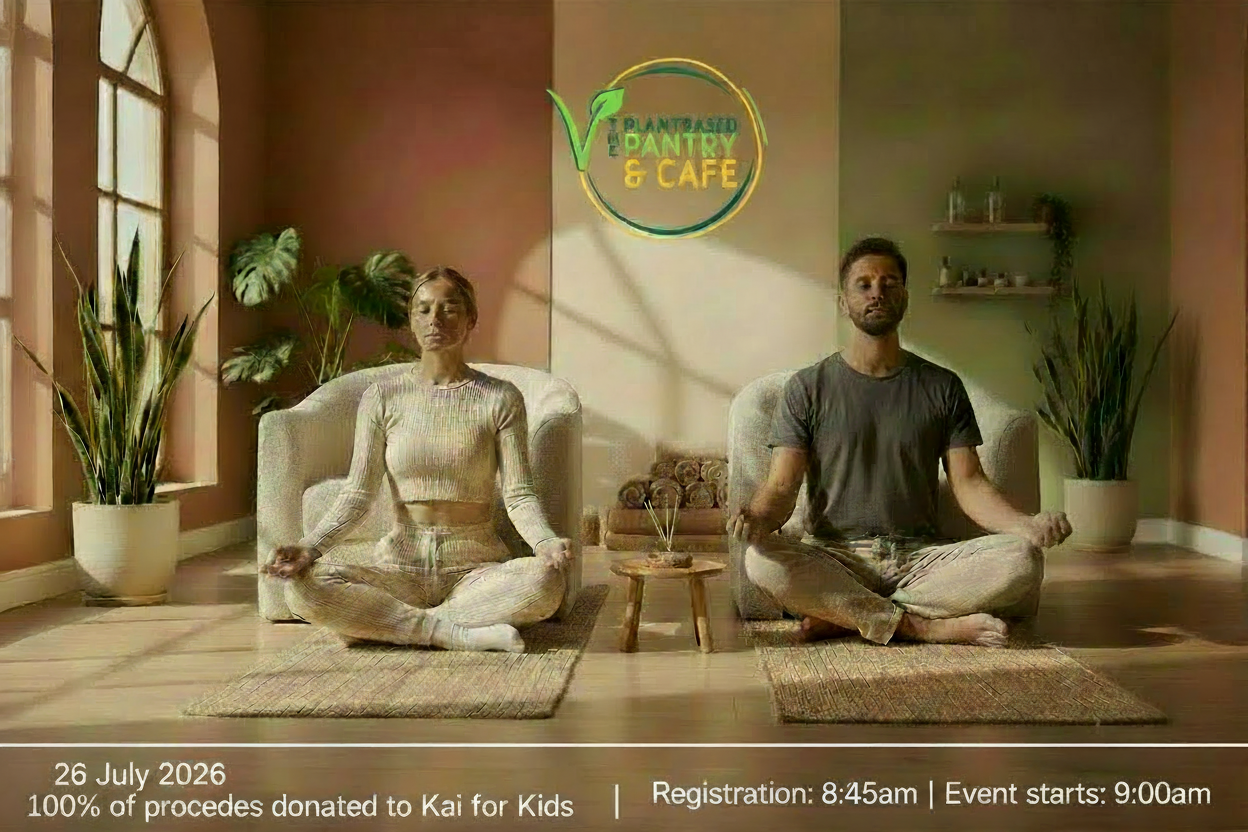 A man and a woman meditate cross-legged in matching beige outfits inside a sunlit room with terracotta and olive walls, potted plants, and woven mats.