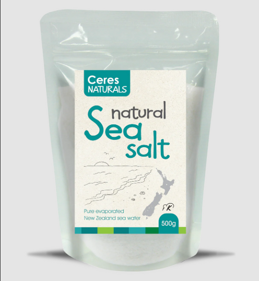 Bag of Ceres Naturals natural sea salt on a light gray background