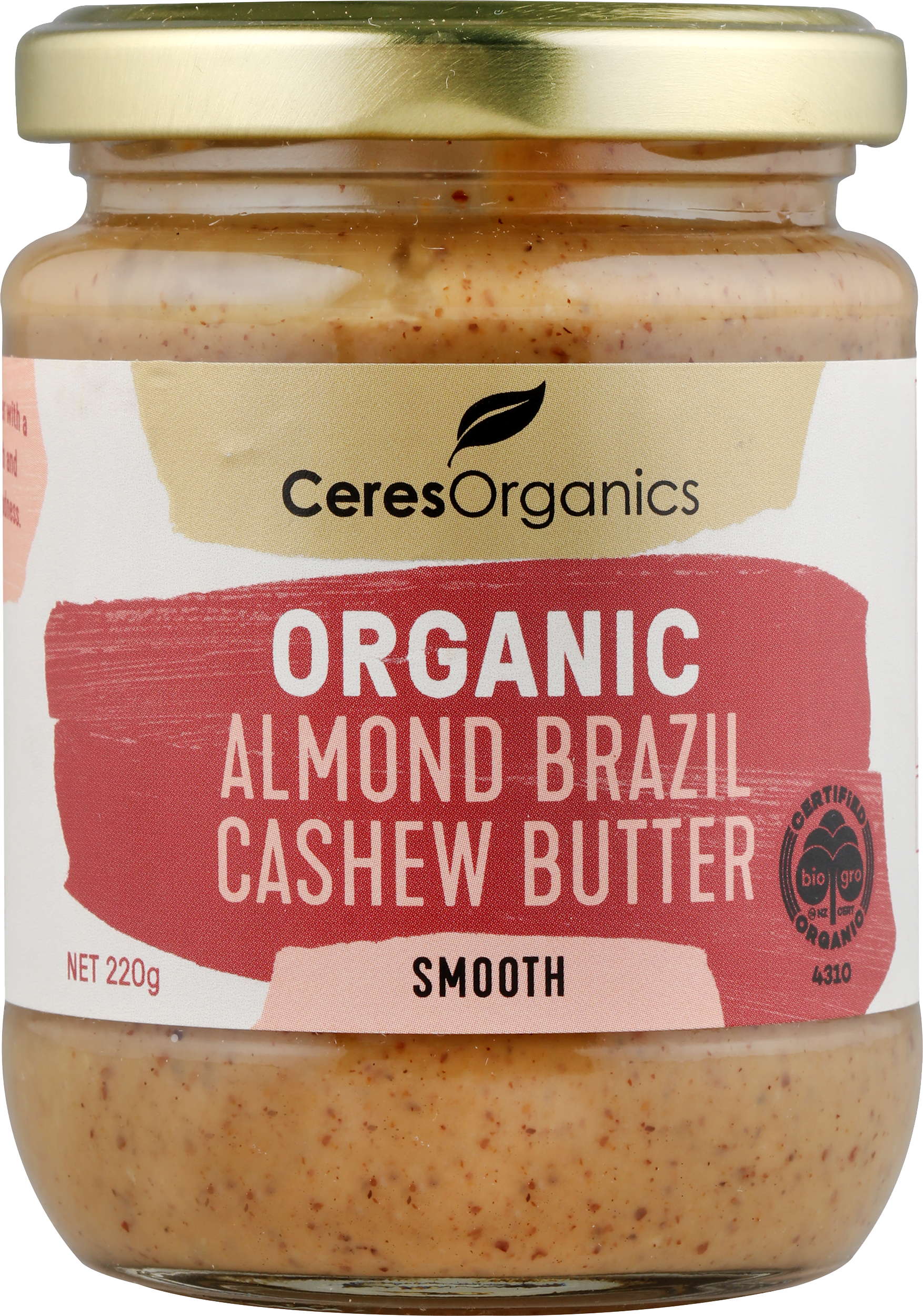A jar of Ceres Organics Organic Almond Brazil Cashew Butter Smooth 220g. The jar is transparent, showcasing the light brown colored butter inside.