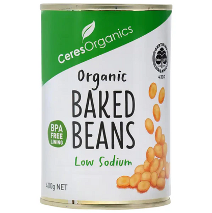 Can of Ceres Organics organic baked beans on a white background