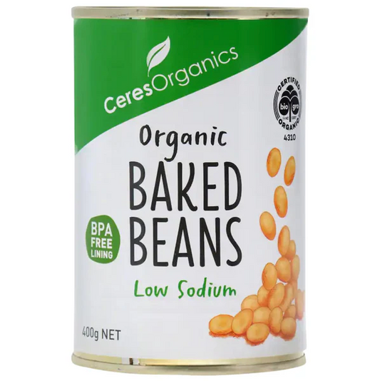 Can of Ceres Organics organic baked beans on a white background