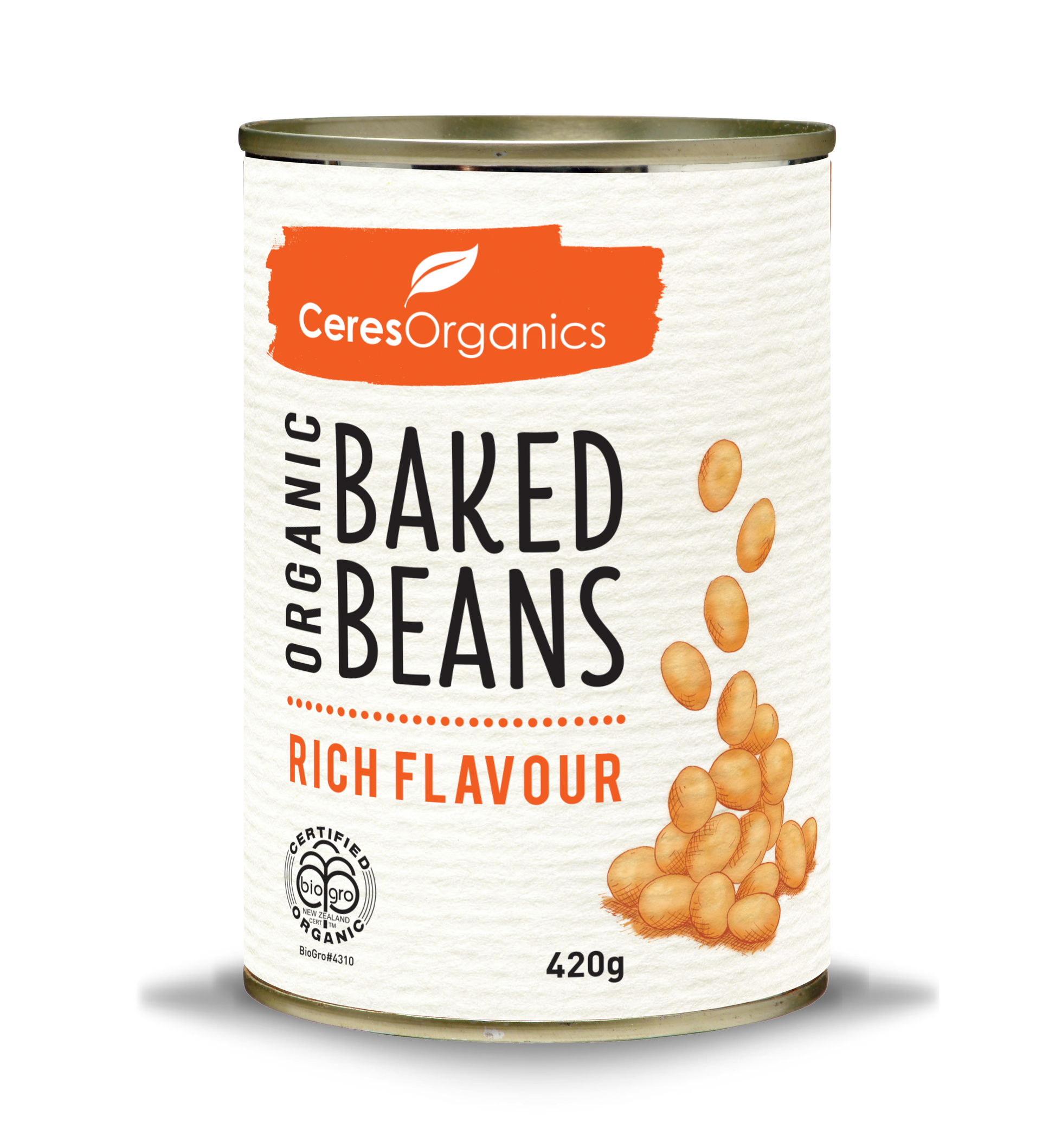 A can of Ceres Organics Baked Beans in Rich Flavour. The can is labeled with the brand name and the product name, and it's indicated that the product is organic.