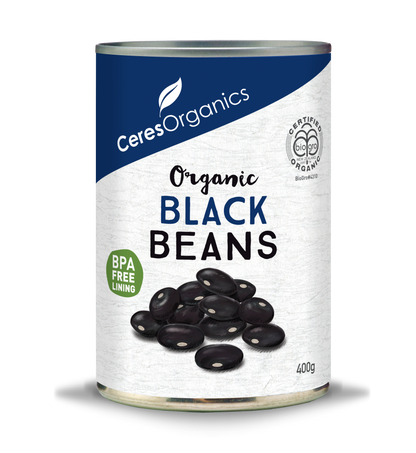 A can of Ceres Organics Organic Black Beans, 400g, with the product visible through the transparent window of the can.