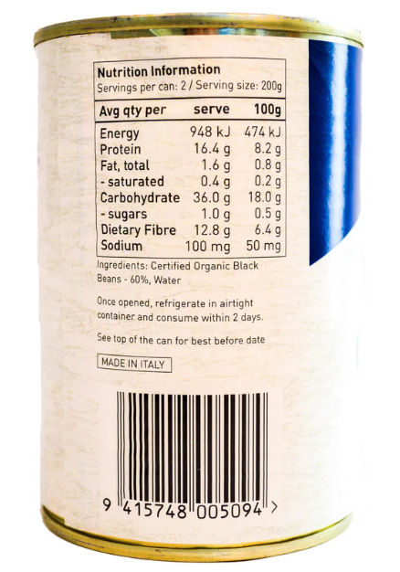 Nutrition label on a can with details including energy, fat, protein, carbohydrates, and sodium content.