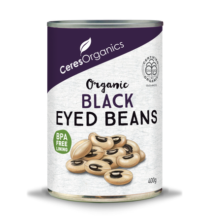 A can of Ceres Organics Black Eyed Beans, 400g, with the label showing the product name and an image of the beans.