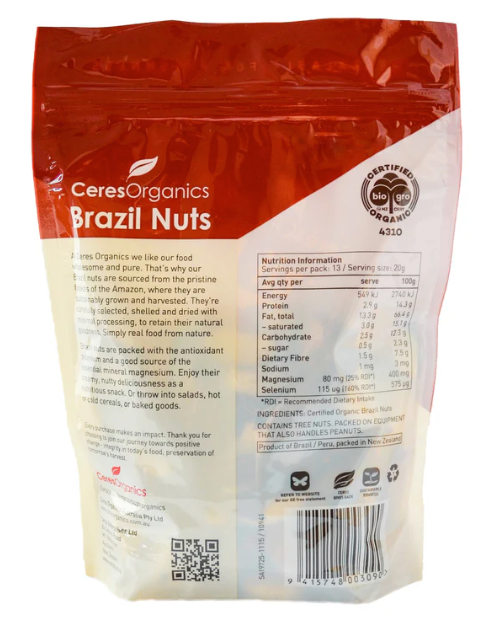 Ceres Organics Brazil Nuts packaging with nutritional information and certification logos.