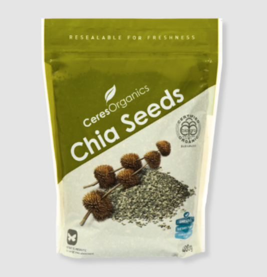 Bag of Ceres Organics Chia Seeds on a light gray background