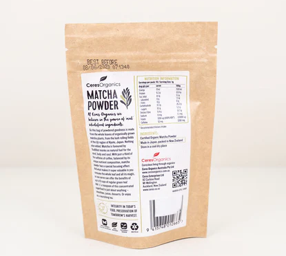 Kraft paper packaging of matcha powder with a label on a white background
