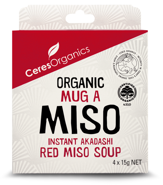 Packaging of Ceres Organics Organic Mug A Miso Instant Akadashi Red Miso Soup, showing a red and white design with product details.