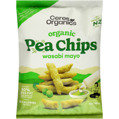 A package of Ceres Organics organic pea chips with wasabi mayo flavor. The packaging is predominantly green with images of the chips and wasabi sauce.