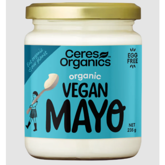 Jar of Ceres Organics Vegan Mayo on a light gray background
