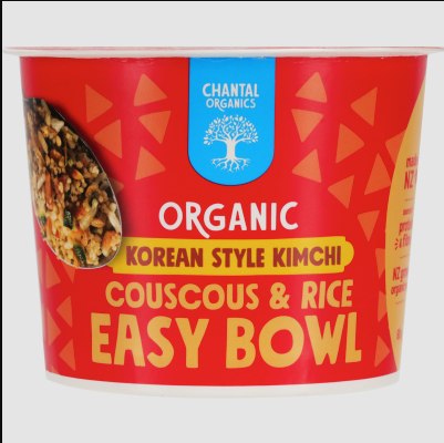 Red bowl with 'Chantal Organics' label, featuring Korean Style Kimchi Couscous & Rice Easy Bowl on a white background.