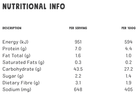 Nutritional information table for Chantal Korean Style Kimchi Easy Bowl 60gm on a white background
