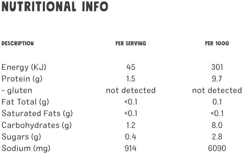 Nutritional information table for Chantal Organic Tamari Soy Sauce with energy, protein, fat, carbohydrates, sugars, and sodium content.