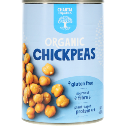 A can of Chantal Organic Chickpeas. The label indicates that they are gluten free, a source of fiber, and plant-based protein.