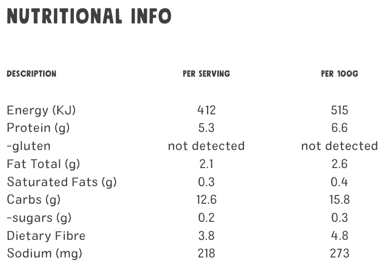 Nutritional information table for Chantal Organics Chickpeas 400g on a white background