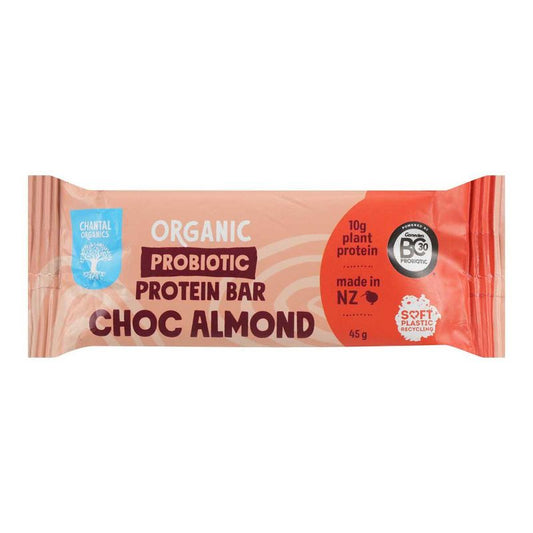 Packaging of Chantal Choc Almond Protein Bar 45gm, displaying the product name, 'Organic Probiotic Protein Bar', and highlighting '10g plant protein'. The packaging is primarily pink with product icons and text.