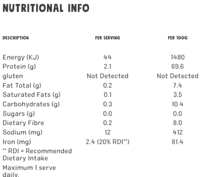 Nutritional information table for Chantal Organics Spirulina Powder