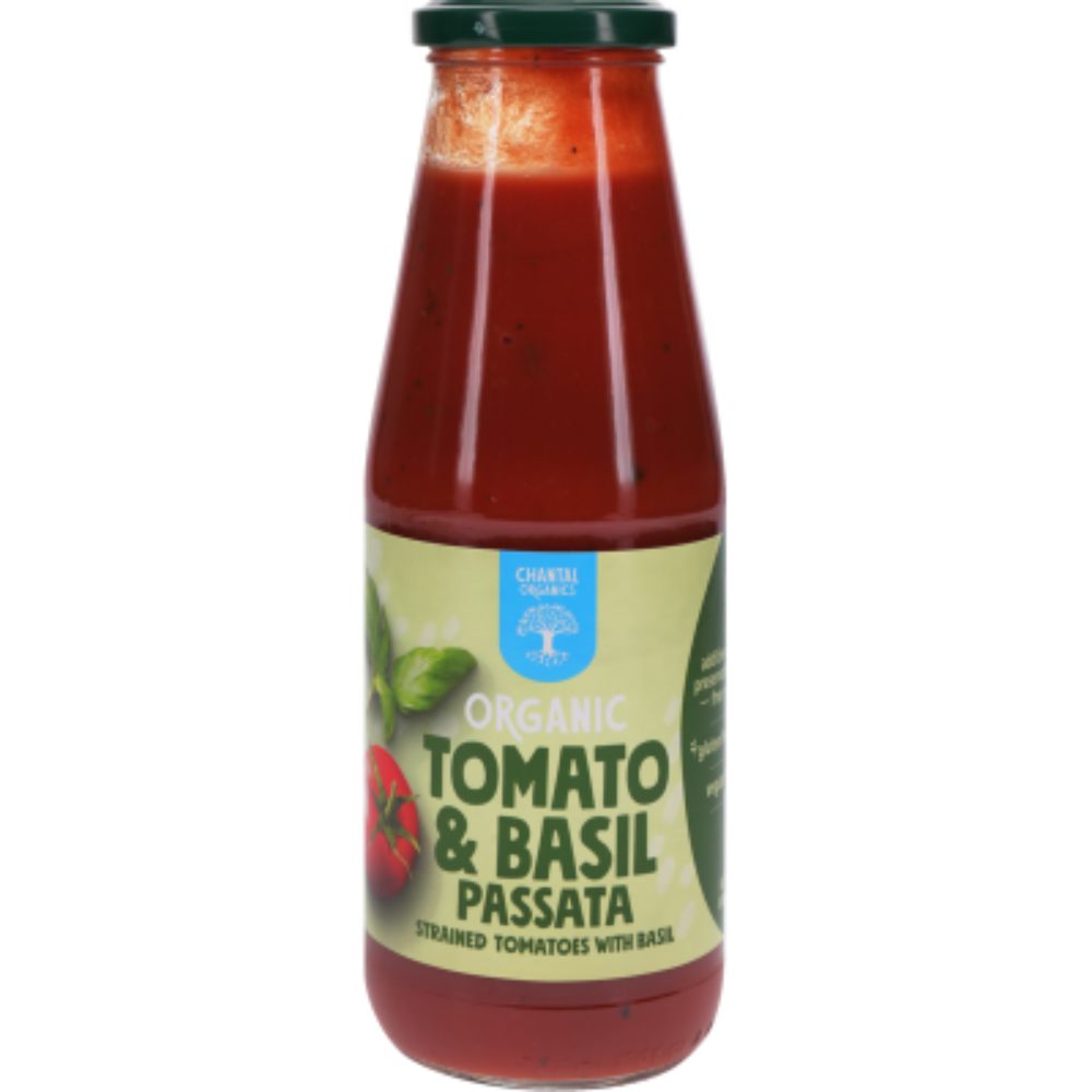 A bottle of Chantal Organics Tomato & Basil Passata with the label showing an image of a ripe tomato and fresh basil leaves.