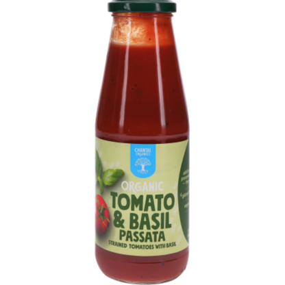 A bottle of Chantal Organics Tomato & Basil Passata with the label showing an image of a ripe tomato and fresh basil leaves.