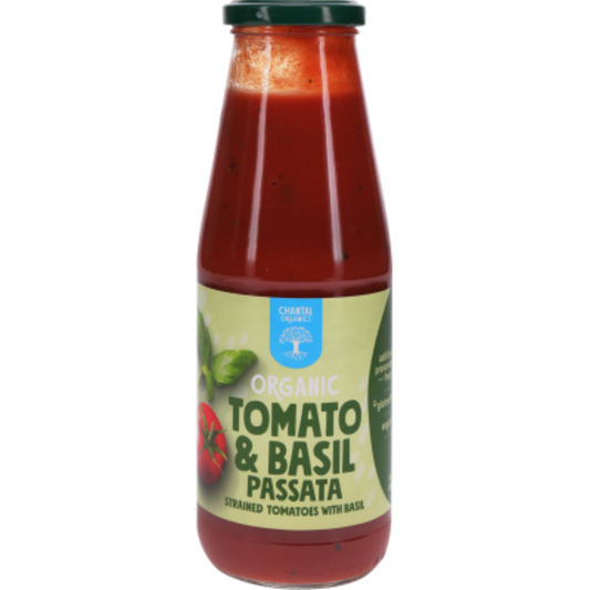 A bottle of Chantal Organics Tomato & Basil Passata with the label showing an image of a ripe tomato and fresh basil leaves.