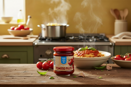 Jar of Chantal Organics organic tomato paste with a red lid on a white background
