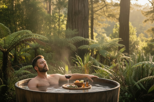 Man relaxing in a hot tub surrounded by lush greenery in a forest setting.
