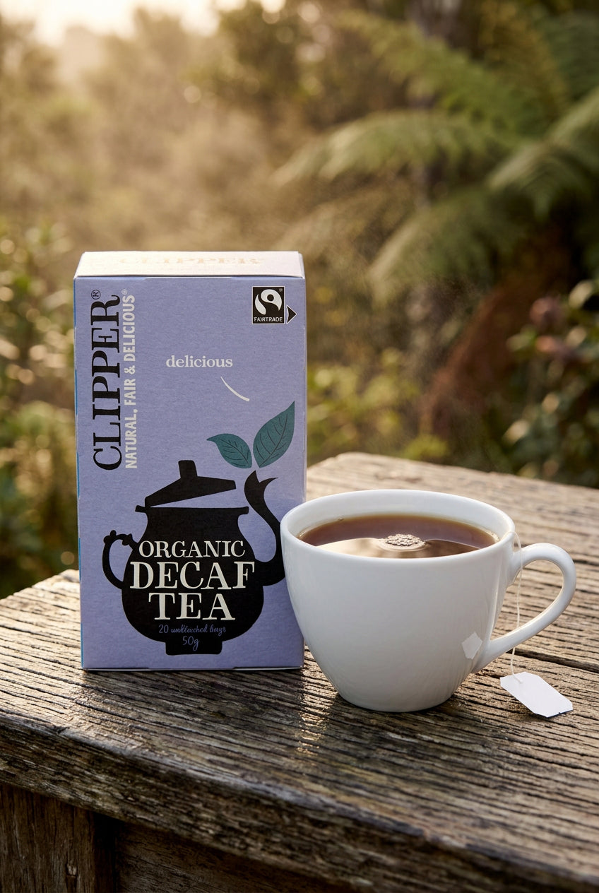 A package of Clipper Organic Decaf Tea on a wooden surface. The box is a muted periwinkle blue with a black teapot graphic, white text, and a Fairtrade logo in the top right corner.
