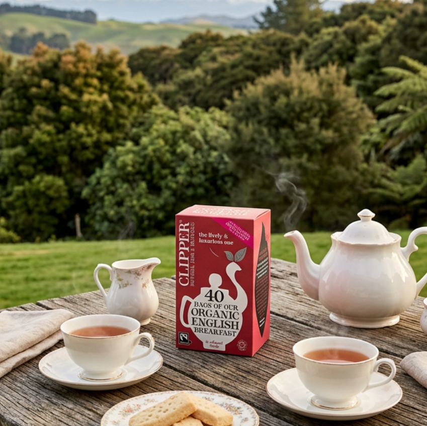 A red rectangular box of Clipper Organic English Breakfast tea bags, featuring a white teapot silhouette and black text, photographed on a clean white background.