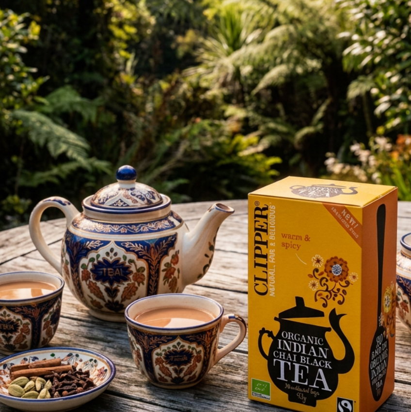 A yellow and orange box of Clipper Organic Indian Chai Black Tea, featuring a black teapot illustration and a spoon graphic on the front and side.