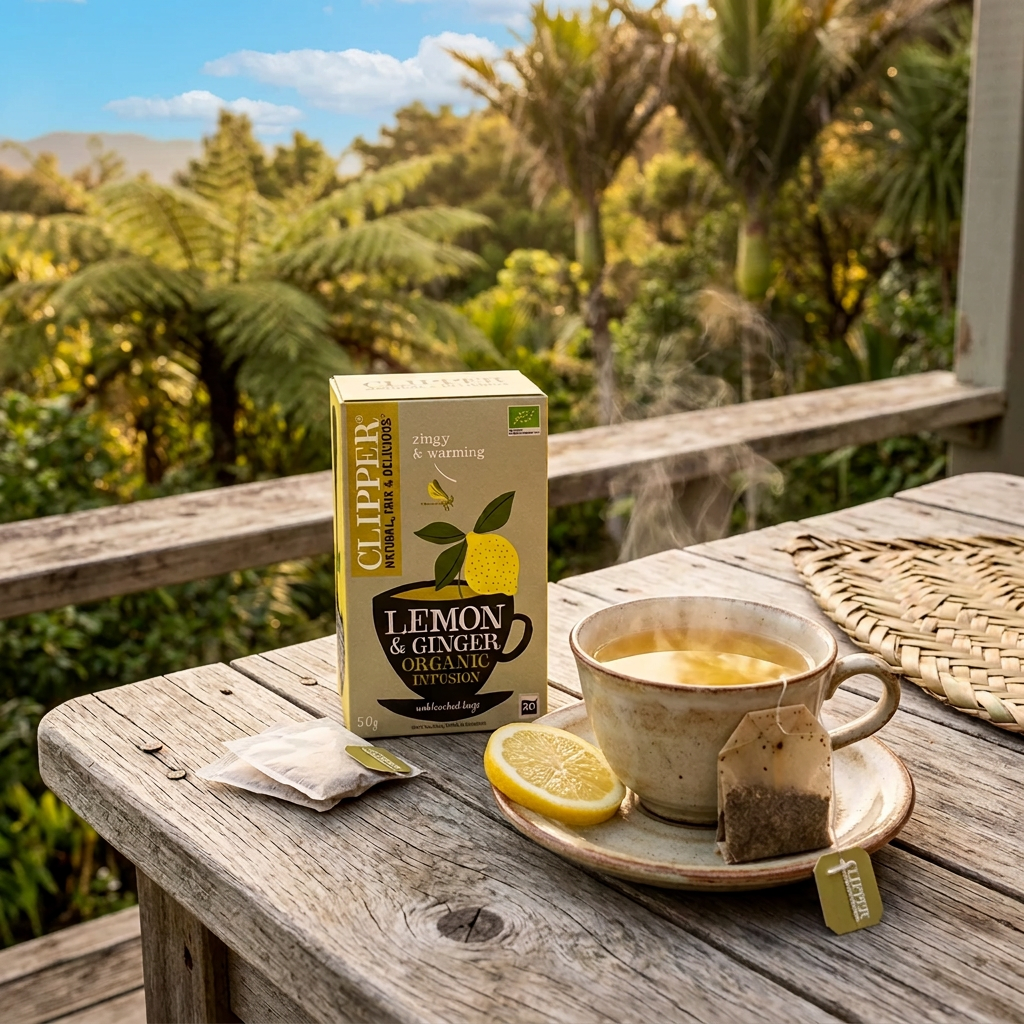 A box of Clipper Lemon & Ginger Organic Infusion tea bags, featuring a light sage green and yellow packaging design with illustrations of a lemon, tea cup, and spoon.