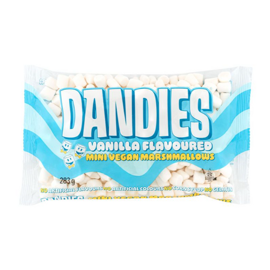 Pack of Dandies Vanilla Flavoured Mini Vegan Marshmallows on a white background